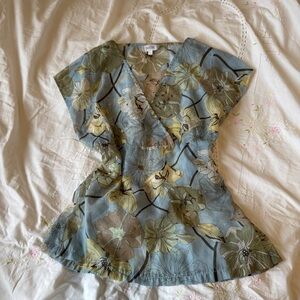 Petite Vintage Blue Green Floral Sheer Tie Back Top Size L